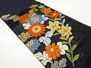 菊に桔梗模様織出し開き名古屋帯（額縁仕立て）